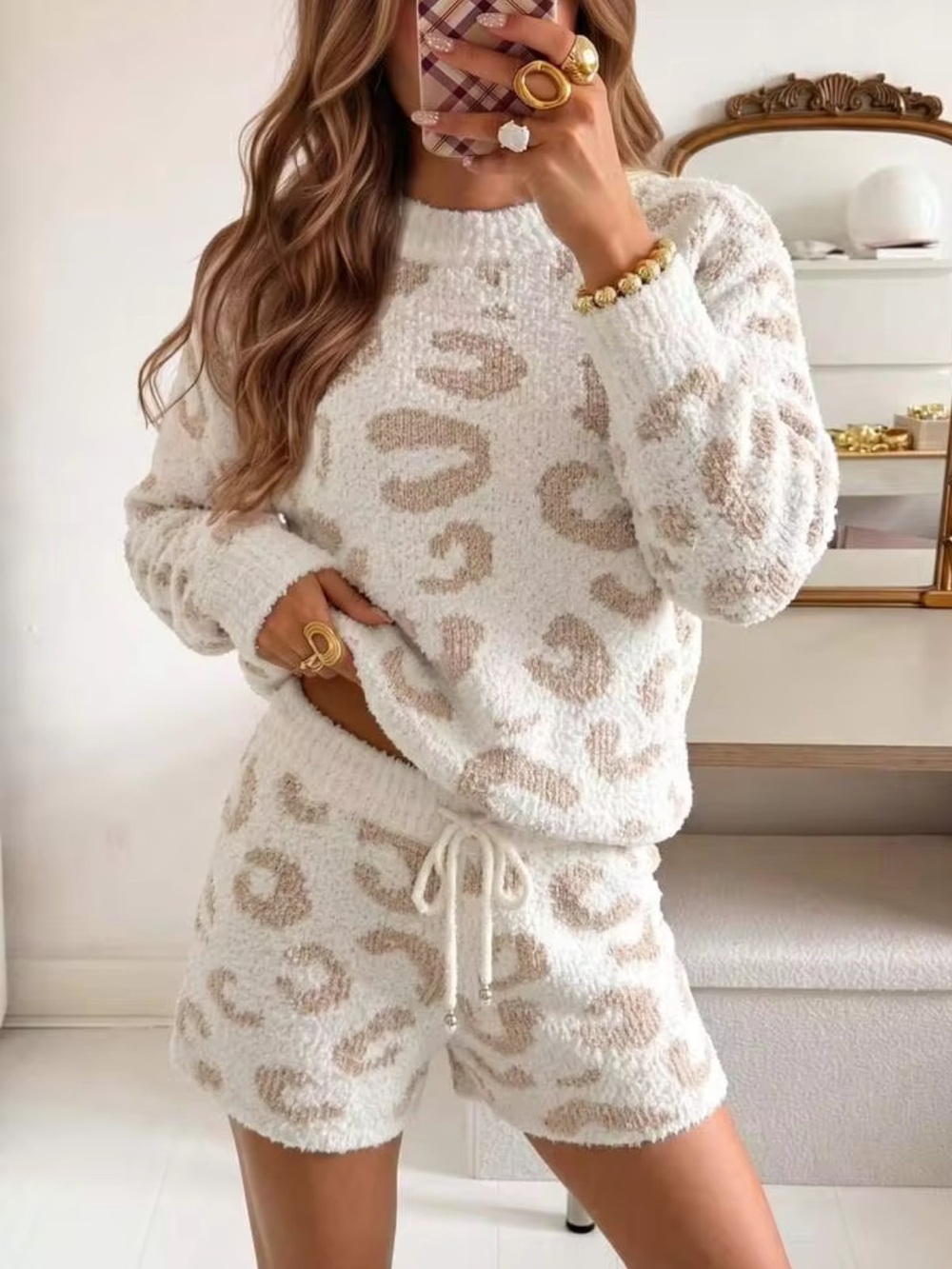 Cream Crewneck Sweater with Blush Leopard Print
